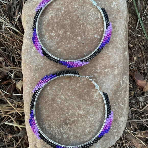 Purple Wave Beaded Hoops, New, Handmade by Me - Picture 5 of 8